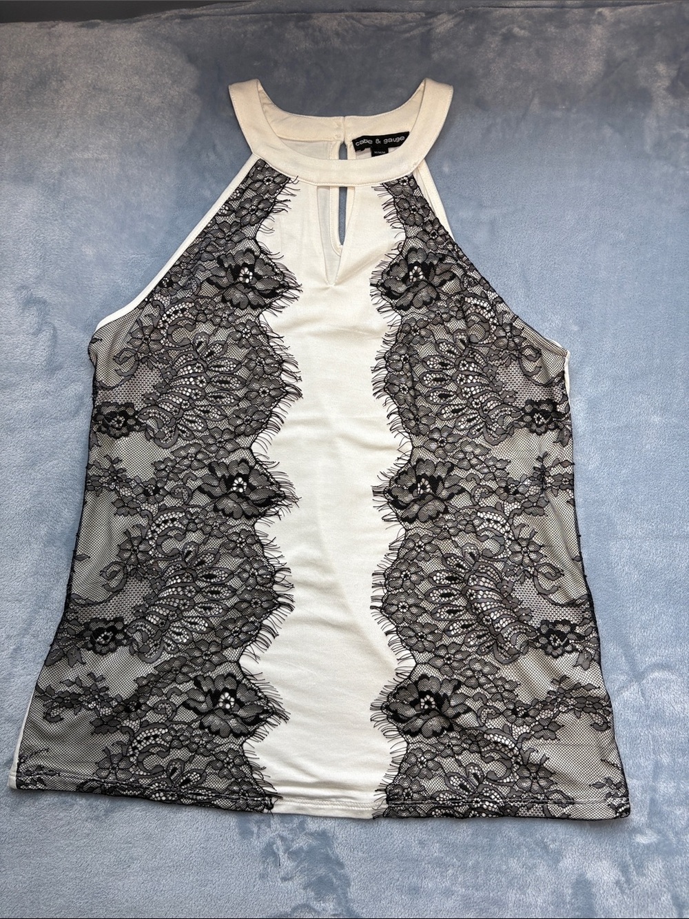 Cable & Gauge White Halter Camisole with Black Lace Overlay